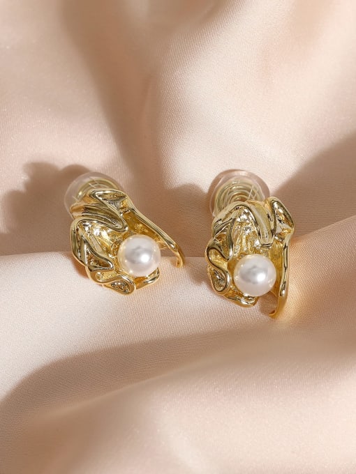 14k Gold [ ear clip] Brass Imitation Pearl Irregular Vintage Clip Earring